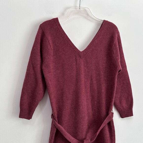 Woodward Lothrop Sweater Dress M Lambswool Double V Belted Knit Vintage Berry - Picture 4 of 8